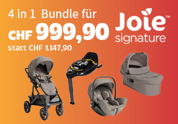 Joie Vinca 4in1 Bundle für CHF 999,90 statt CHF 1.147,90. Kinderwagen, Tragewanne, Babyschale und Base. Orangener Hintergrund.