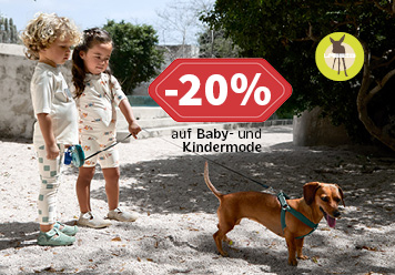 Kinder in Sommerkleidung mit Hund. -20% auf Baby- und Kindermode. Logo: Lässig